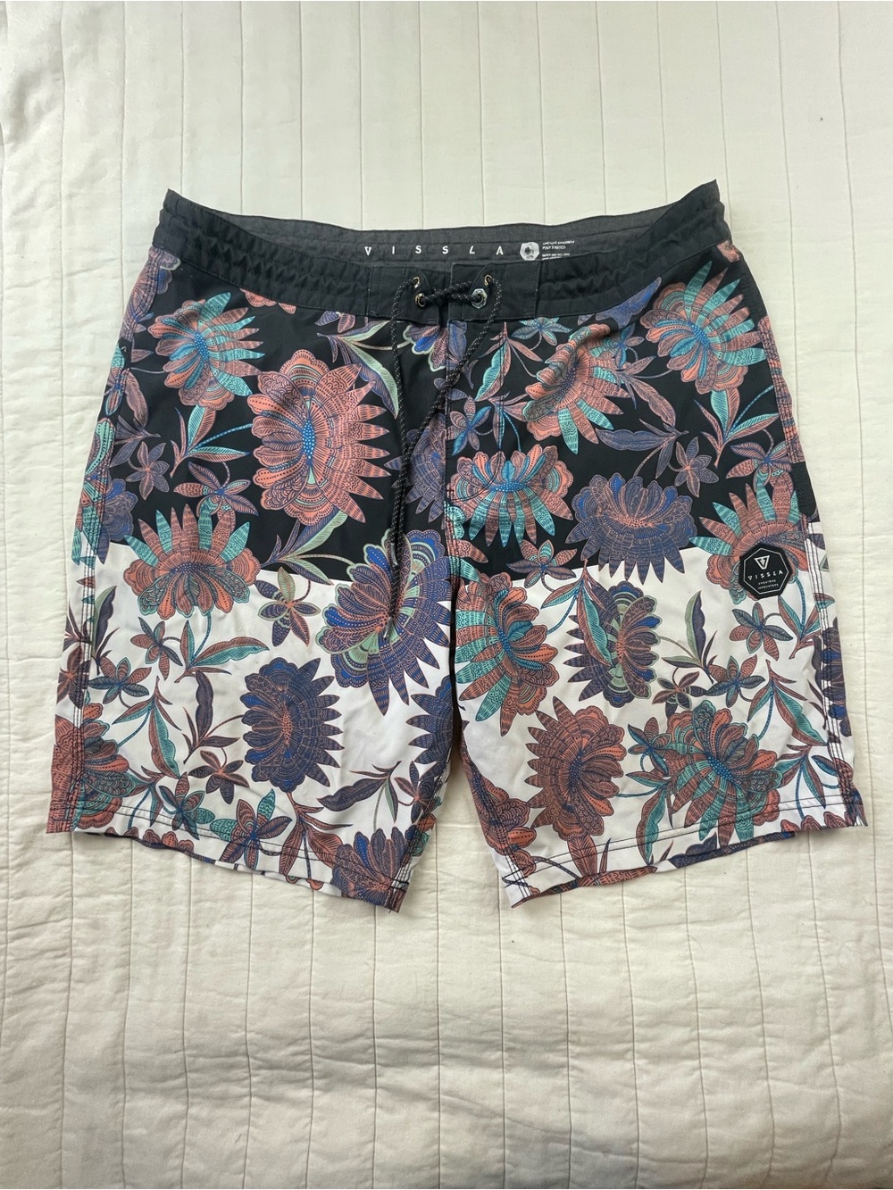 VISSLA Black Floral Board Shorts with Teal & Rust Accents